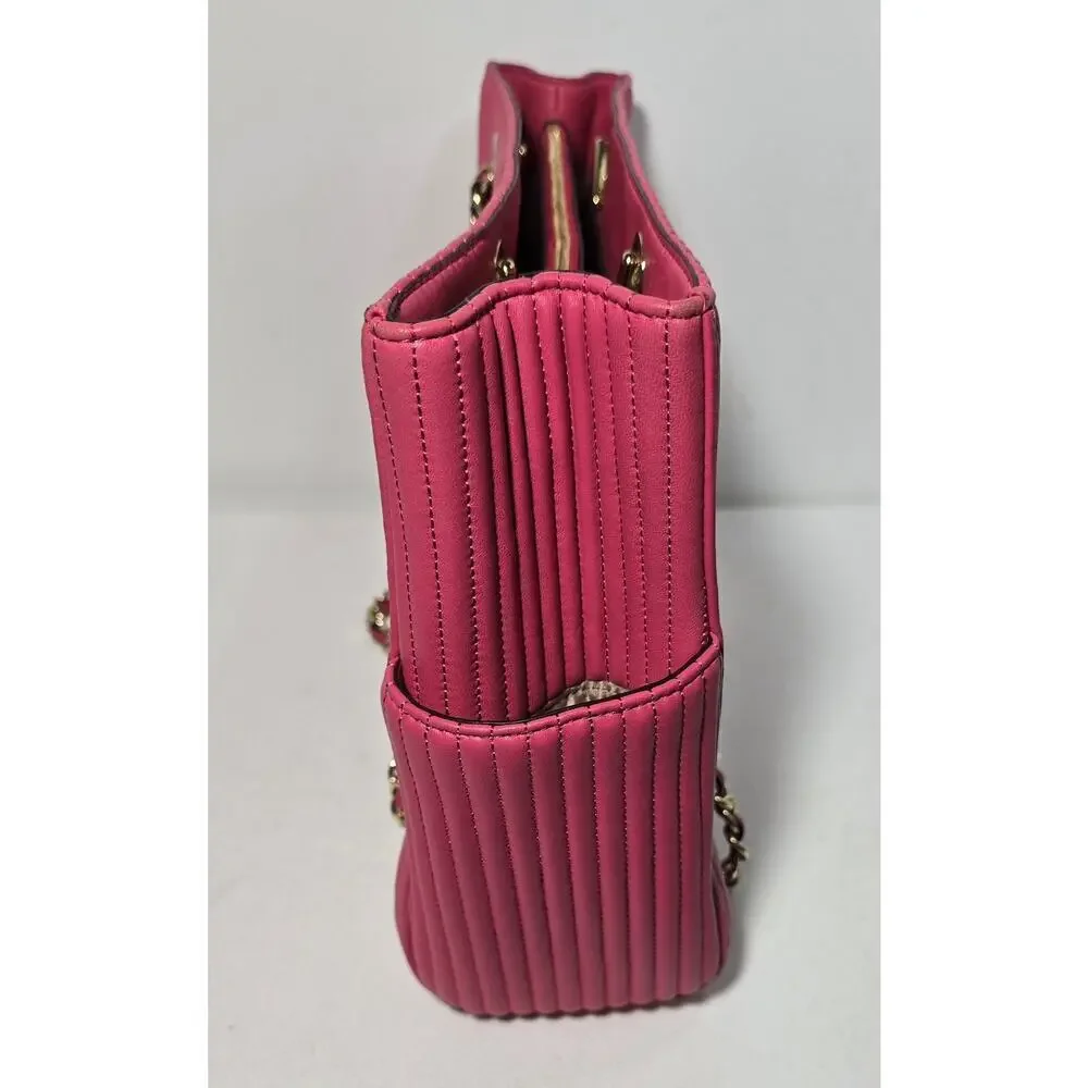 Henri Bendel No 7 Hot Pink Leather Tote Bag Quilted Vertical Chain East West